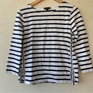J Crew Navy Blue and White Striped 3/4 Sleeve Crew Neck Blouse